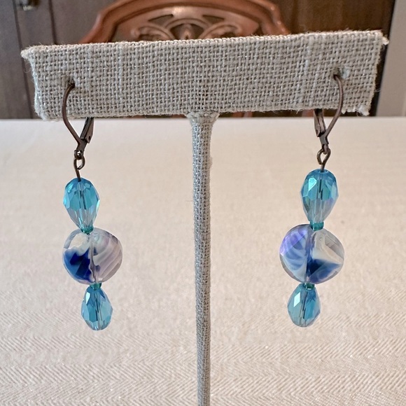Handmade Antique Copper Teal Blue Green Glass Long Boho Earrings Leverback - Picture 10 of 10